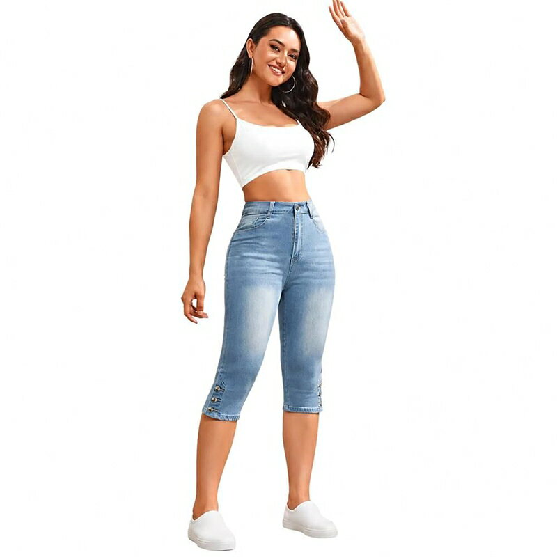 クロップドパンツ デニム レディース 7分丈 スキニー ジーンズ ハイウエスト 美脚 裾ボタン カプリパンツ サブ ストレッチ ジーパン 伸縮性 スリム カジュアル 春 夏