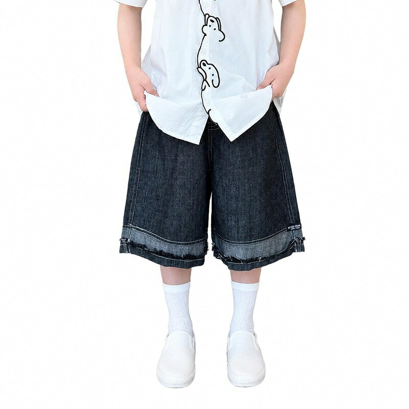 デニムハーフパンツ ゆったりサイズ 男の子 キッズ ショートパンツ ワイドシルエット 子供服 カジュアル ジーパン 半ズボン 折り返し 裾フリンジ 通学 通園 デイリーウェア スタイリングしやすいボト