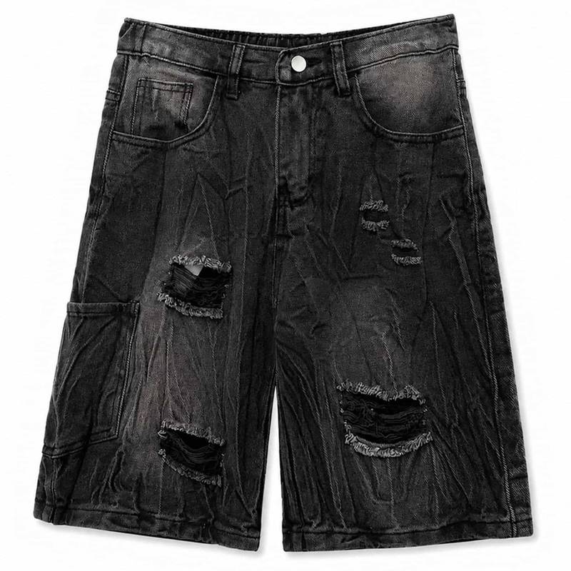 　　　 ◆◇◆売れている秘密◆◇◆ 【ゆったりデニムハーフパンツ】体型カバーを叶えるワイドなシルエットと、程よいダメージ加工がデニムハーフパンツです。さらっとした肌触りの綿混素材を使用しており、暑い夏でもベタつかずに快適な穿き心地をキープします。ストリート感漂うクラッシュデザインが、シンプルになりがちな夏のコーディネートにこなれ感をプラス。デイリーユースから旅行、レジャーまで幅広く活躍する一着です。 【クラッシュデニムで着痩せ見え】太もも周りをすっきりとカバーする絶妙な丈感と、ストンと落ちるストレートなラインが脚長効果を演出します。ラフでカジュアルなヴィンテージ風ウォッシュ加工が施され、こなれたストリートスタイルを簡単に構築可能。Tシャツやスニーカーと合わせるだけで、バランスの良い大人カジュアルなコーディネートが完成します。 【快適なウエストゴム仕様】後ろウエストはシャーリングゴム仕様となっており、締め付け感がなく、しっとり体にフィットする柔らかな着用感を実現。お腹周りが気になる方でもゆったりと穿いていただける大きいサイズまでの展開です。アクティブに動く日のアウトドアシーンや、週末のショッピングなど、長時間の着用でもストレスフリーで過ごせます。 【実用的なサイドポケットデザイン】ヴィジュアル的にも映えるサイドポケットがアクセントになり、ユーティリティ感のあるワークスタイルを演出します。ユニセックスで着用できるデザインのため、パートナーとのシェアやペアコーデにも。通気性が良く軽やかな着心地なので、春先から秋口までロングシーズンにわたって着回しが楽しめます。 【多彩なシーンで活躍するパンツ】韓国風のトレンド感を取り入れたルーズなサイジングが特徴で、通学やストリートファッション、毎日のカジュアルな普段着にぴったりとなじみます。着用するほどに肌になじむデニム素材ならではの経年変化も魅力の一つ。さらりと爽やかに穿きこなせるため、暑さの厳しい季節のレジャーや旅行用のワードローブとしても重宝します。 　　　◆◇◆注意事項◆◇◆ご覧のモニターの環境、撮影環境により実物と色味が異なって見える場合がございます。湿った状態で他のものと擦り合わせると色が移る恐れがあります。濃色品の洗濯時は、白色、淡色と分けて洗ってください。説明 【トレンド感漂うクラッシュデニムハーフパンツ】ラフでストリート感のある着こなしを演出する、ダメージ加工を施したデニムハーフパンツです。太もも周りにゆとりを持たせたワイドストレートシルエットが、気になる体型をカバーしつつ、すっきりとした印象を与えます。ユニセックスで着用できるルーズなサイジングで、毎日のカジュアルコーデに大活躍する一着です。【こだわりのディテールと快適な穿き心地】後ろウエスト部分にゴムを採用することで、しっとりとお腹周りにフィットし、長時間の着用でも窮屈感のない柔らかな着心地を実現しました。フロントはボタンとジッパーでの開閉仕様となっており、実用性も。サイドに配置された大きめのパッチポケットがデザインのアクセントになり、こなれたワークテイストをプラスします。さらっとした通気性の良いデニム生地で、夏の暑い日でも爽やかに過ごせます。【幅広いスタイリングに対応】シンプルなTシャツやタンクトップ、オーバーサイズのシャツなど、どんなトップスとも相性が良く、簡単にトレンドの韓国風ストリートスタイルやアメカジコーデが完成します。足元にはスニーカーやサンダルを合わせてラフに着こなすのが。デイリーユースはもちろん、通学、アウトドア、旅行、野外イベントなど、アクティブなシーンにもぴったりのなショーツです。【製品仕様】●対象：メンズ、レディース（ユニセックス）●サイズ展開：S、M、L、XL、2XL、3XL●カラー展開：ブルー、ブラック●素材：綿混（デニム素材）●仕様：ウエストゴム仕様（後ろ側）、ダメージ加工、サイドポケットあり、フロントボタン・ジッパー開閉※製品の特性上、ダメージ加工の位置や風合いには個体差があります。あらかじめご了承ください。