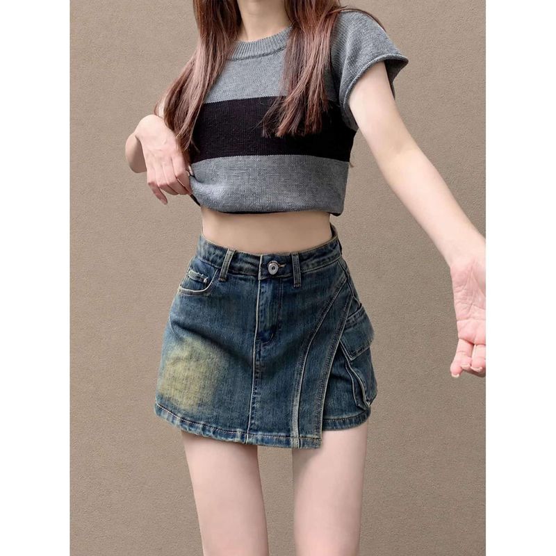 マルヤ物流サービスの脚長効果ハイウエストデニムショートパンツ レディース 着痩せ キュロット スカート風 美脚 裾広がり Aライン ボトムス ショート丈 カジュアル 通学 デイリー お出かけ 旅行 ゆったり 大きいサイズ｜アングル3