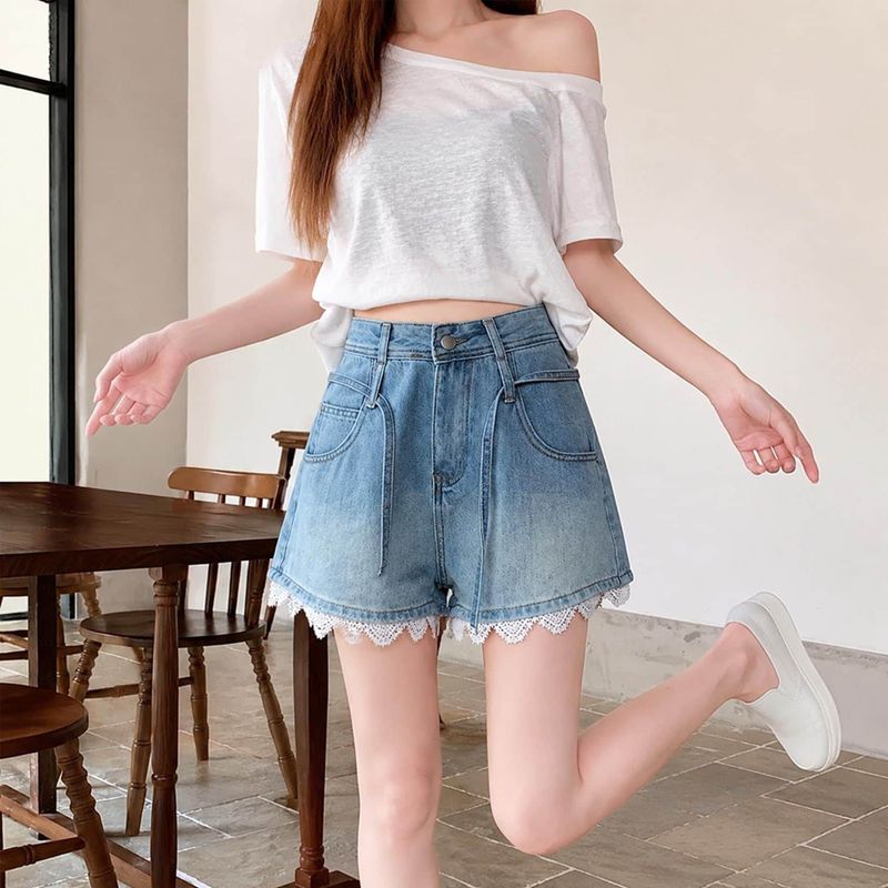 マルヤ物流サービスのデニムショートパンツ レディース 着痩せ 体型カバー ハイウエスト Aライン ショートパンツ デニム 短パン ハーフ ズ ゆったり ボトムス 大きいサイズ カジュアル 通学 お出かけ｜アングル3