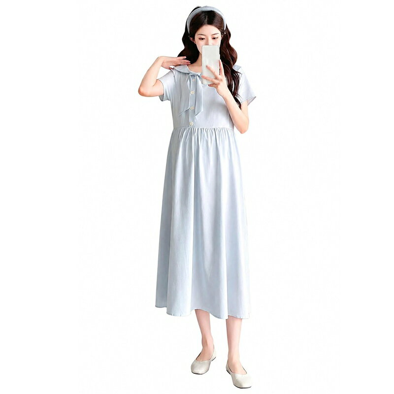 マタニティワンピース 体型カバー 妊婦服 ロング丈 授乳期 産前産後 ゆったり セーラーカラー風 リボン付き 大きいサイズ カジュアル ルームウェア お出かけ 清楚系 可愛い 春夏