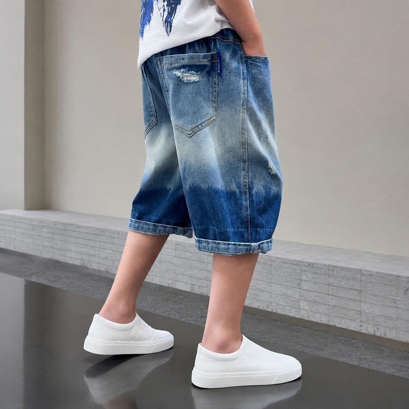 ボーイズ デニムハーフパンツ ゆったり クロップドパンツ ズ 男の子 ジュニア デニ...