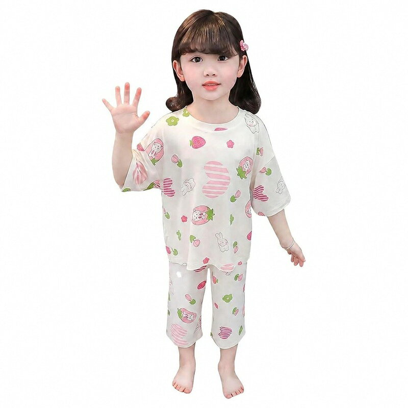 子供 パジャマ 夏用 ルームウェア キッズ 女の子 半袖 七分丈パンツ 上下セット 薄手 部屋着 ガールズ 寝巻き モダール系 柔らかい エアコン対策 可愛い イラスト プリント ゆったりサイズ