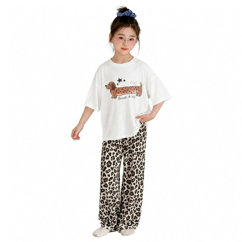 パジャマ 女の子 ルームウェア 半袖 薄手 ゆったり 部屋着 キッズ 上下セット 子供服 かわいい ジュニア セットアップ トップス ロングパンツ 長ズボン 犬柄 レオパード アニマル柄 ナイトウェア