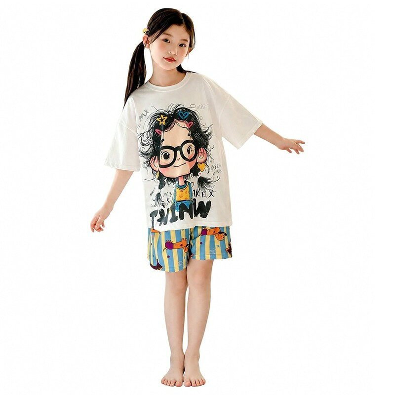 キッズ パジャマ ゆったりサイズ 上下セット ルームウェア 子供服 薄手 トップス パンツ セットアップ カジュアル イラストプリント 通気性 夏用 部屋着 ジュニア 小学生