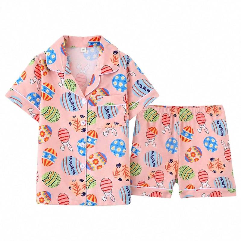キッズ パジャマ 半袖 女の子 ゆったり ルームウェア 上下セット 子供服 前開き 襟付き ショートパンツ 春夏用 部屋着 トップス ボトムス 寝間着 かわいい ウサギ エッグ 総柄 大きいサイズ