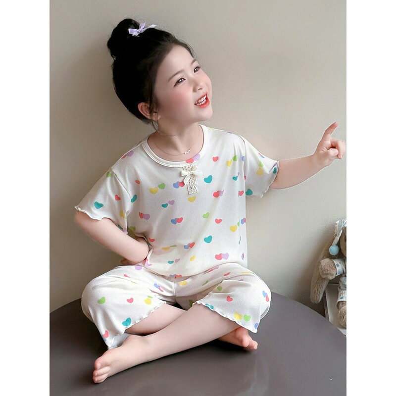 キッズ パジャマ 女の子 ゆったり ルームウェア 上下セット 半袖 七分丈 パンツ 子...