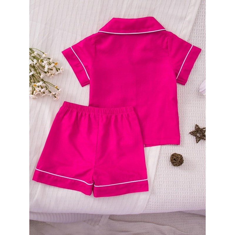 マルヤ物流サービスのキッズパジャマ 前開き 半袖 ルームウェア 女の子 ゆったりサイズ 子供服 上下セット ショートパンツ 部屋着 寝間着 オープンカラー シャツ パイピング仕様 ボタン仕様 夏用 お泊り用｜アングル2