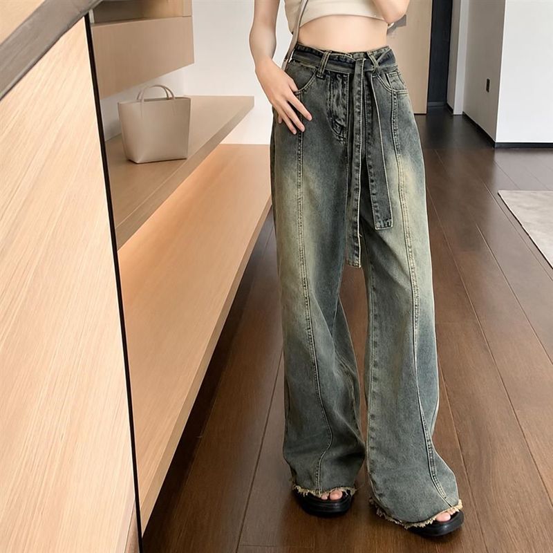 デニム ワイドパンツ レディース ハイウエスト ベルト付き ストレート ロング ジー...