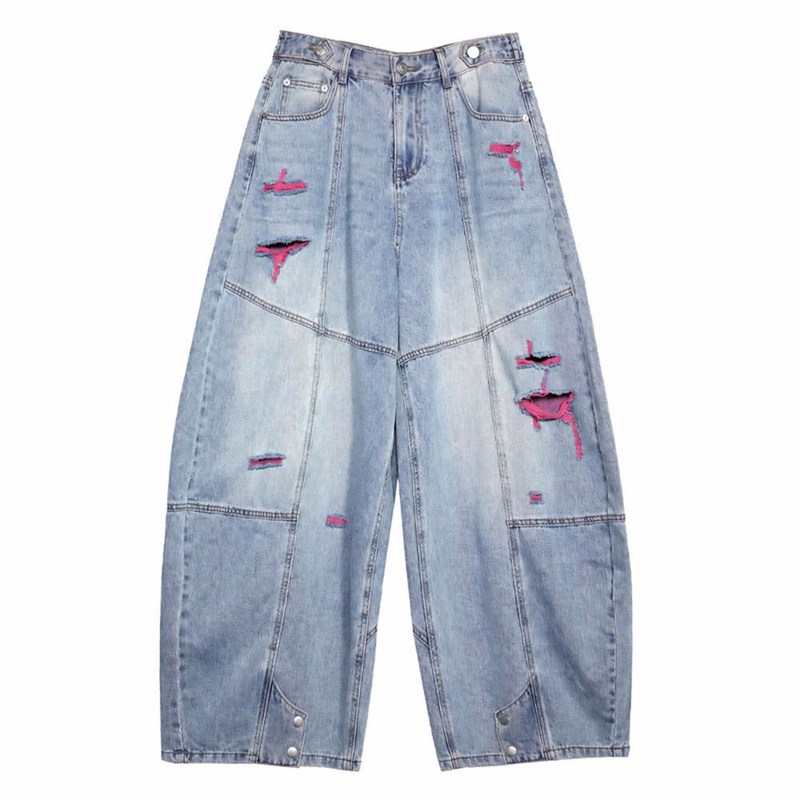 デニムパンツ レディース ジーンズ ダメージ加工 ワイドパンツ ストリート系 ハイウエスト ゆったり クラッシュ ジーパン 切り替え ロング ボトムス 体型カバー カジュアル レトロ 美脚 春 夏 秋