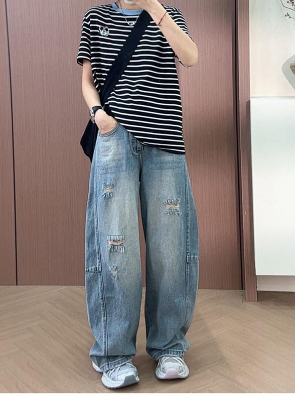 マルヤ物流サービスのデニムパンツ レディース ジーンズ ワイドパンツ カーブ 大きいサイズ ダメージ コクーン ハイウエスト ゆったり 体型カバー｜アングル3
