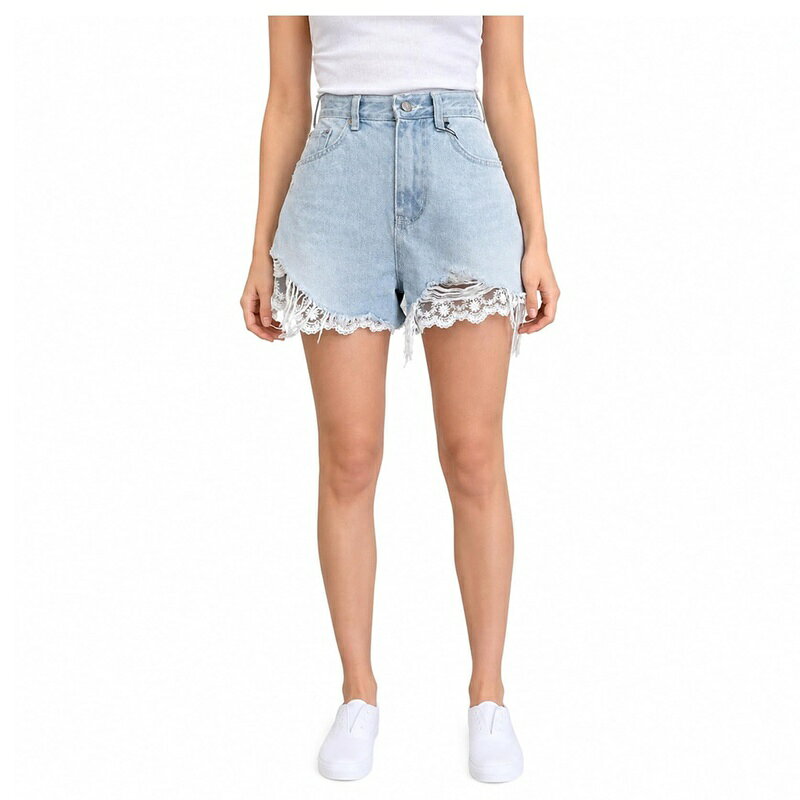 デニムショートパンツ レディース 着痩せ ハイウエスト 短パン レース 切替 切り替え フリンジ ダメージ デニム ズ パンツ ショート丈 ボトムス ハーフパンツ ゆったりサイズ 体型カバー カジュア