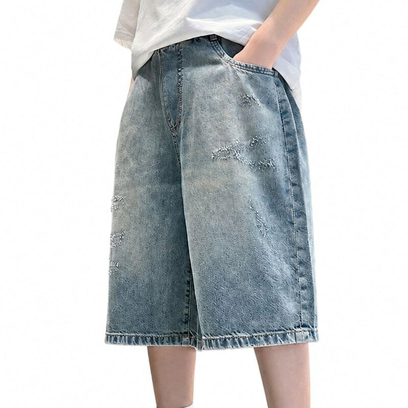 ゆったりハーフパンツ ボーイズ デニム クロップドパンツ 7分丈 ズ 男の子 ジュニア ウェストゴム ポケット付き 通気性 カジュアル サマー 夏服 普段着 通学 大きいサイズ