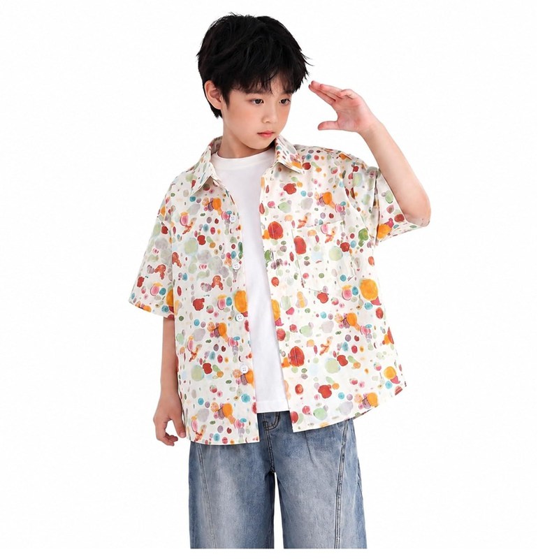 キッズ シャツ 半袖 ゆったり 子供服 男の子 トップス 襟付き カジュアル ドット柄 ジュニア サマーシャツ 薄手 日常 お出かけ 通学 通園 小学生 コーデ 大きいサイズ