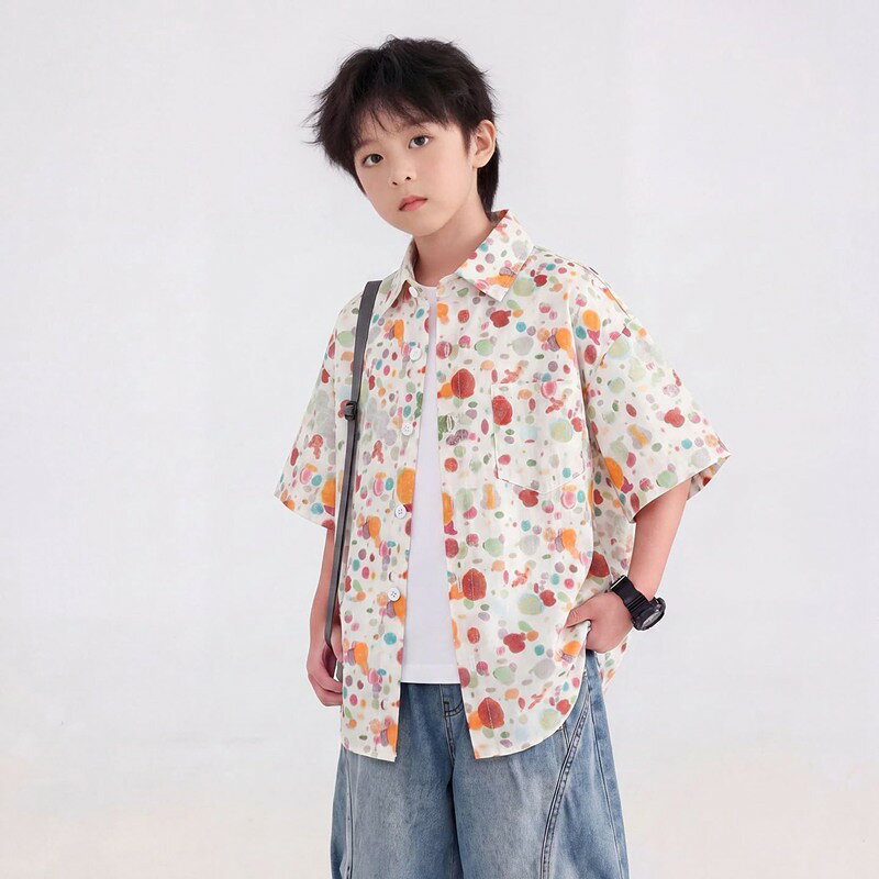 キッズ シャツ 半袖 ゆったり 子供服 男の子 トップス 襟付き カジュアル ドット柄...