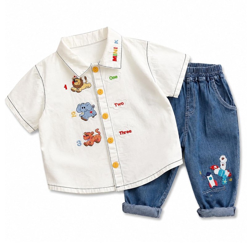 キッズ シャツ 半袖 男の子 ゆったり 子供服 トップス 襟付き カジュアル 前開き ボタン ジュニア 通学 通園 お出かけ お呼ばれ 動物 刺繍 アニマル 可愛い おしゃれ 夏服 大きいサイズ