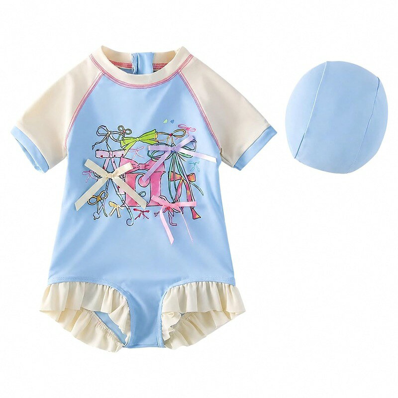 女の子 水着 半袖 ワンピース 体型カバー すっきり見え スイムウェア キッズ スクール プール 海水浴 水遊び 幼稚園 保育園 小学生 かわいい フリル付き ワンピ風 リボン柄