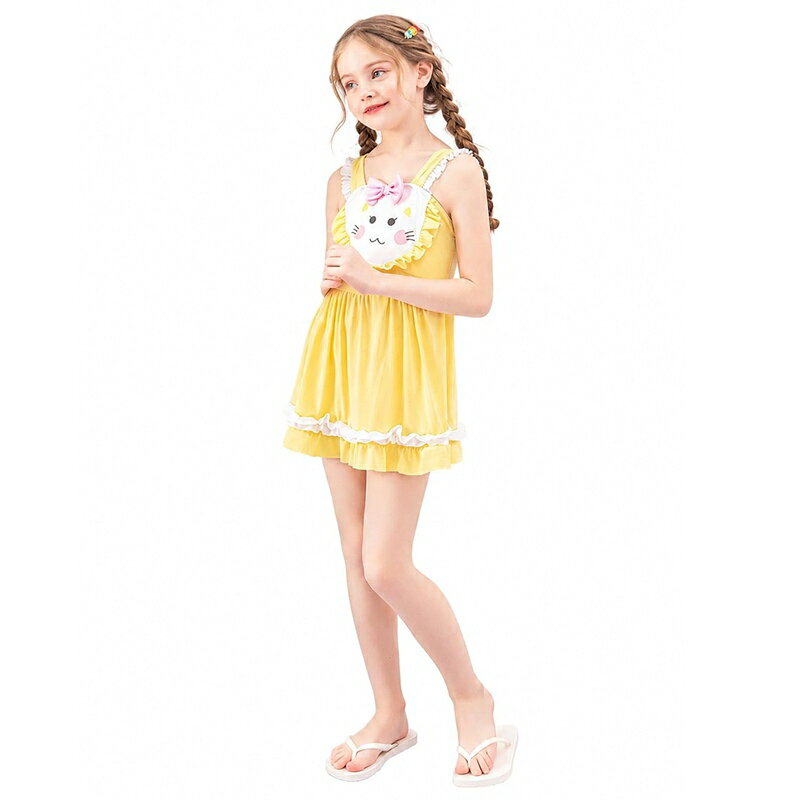 キッズ 水着 女の子 ワンピース 体型カバー スイムウェア 子供服 ノースリーブ フリル付き 猫柄 かわいい スイムドレス ガールズ 女児 温泉 海水浴 プール