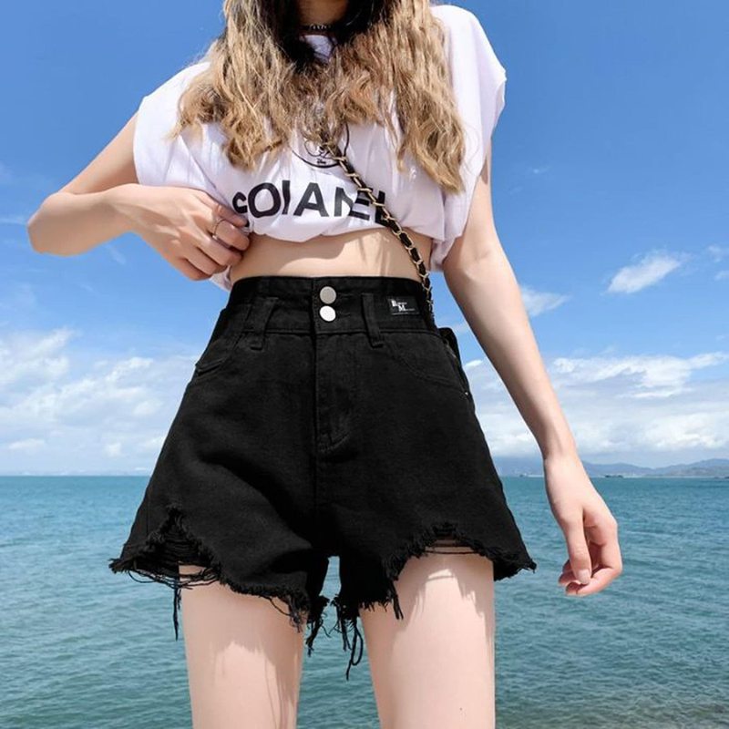 マルヤ物流サービスのデニム ショートパンツ レディース ハイウエスト 短パン ダメージ加工 ジーンズ 裾広がり 脚長効果 着痩せ 裾フリンジ ゆったり カジュアル 夏 ワイドパンツ ホットパンツ ビーチ 散歩 涼しい 綿｜アングル2