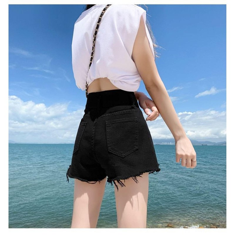 マルヤ物流サービスのデニム ショートパンツ レディース ハイウエスト 短パン ダメージ加工 ジーンズ 裾広がり 脚長効果 着痩せ 裾フリンジ ゆったり カジュアル 夏 ワイドパンツ ホットパンツ ビーチ 散歩 涼しい 綿｜アングル3
