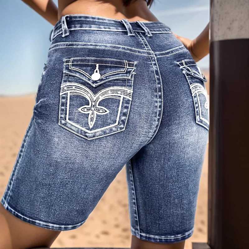 マルヤ物流サービスのデニムショートパンツ レディース 五分丈 ハーフパンツ ハイウエスト ウォッシュ加工 タイト スリム ジーンズ 短パン ストレッチ 刺?入り 細見え 美脚 カジュアル 夏 お出かけ 普段着 ボトムス｜アングル3