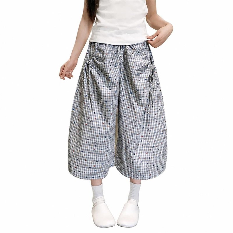 ガウチョパンツ レディース 七分丈 ワイドパンツ チェック ドロスト ゆったり クロップドパンツ 薄手 ウエストゴム カジュアル 体型カバー 着痩せ