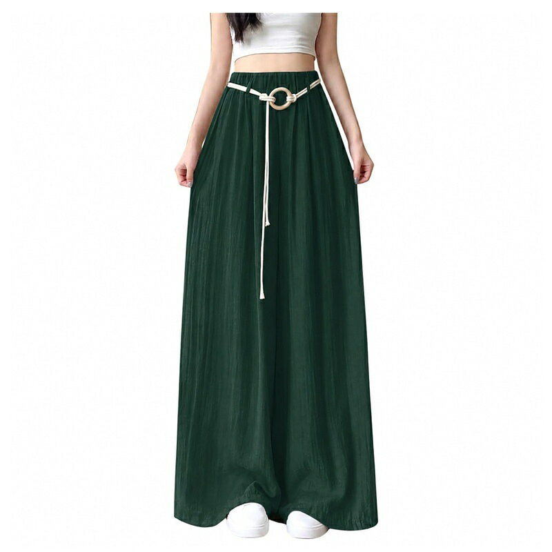 　　　 ◆◇◆売れている秘密◆◇◆ 【体型カバー】ゆったりとしたワイドシルエットが気になる脚のラインを自然にカバーし、着痩せ効果を発揮します。ヒップから裾にかけてのすとんとした落ち感が、下半身をすっきりと見せてくれるため、Lサイズから5XLサイズの方まで幅広く美しいシルエットを楽しめます。大人女子のスタイルアップを叶える一枚です。 【ハイウエスト設計】ウエスト位置を高く設定したハイウエストデザインにより、脚長効果が期待できます。ウエスト部分は総ゴム仕様となっており、お腹周りの窮屈感を軽減。長時間着用しても疲れにくく、リラックスした履き心地を提供します。付属のベルト風デザインがアクセントになり、タックインスタイルも綺麗に決まります。 【夏に嬉しい冷感素材】さらさらとした肌触りの薄手生地を採用しており、汗ばむ季節でもベタつきにくく快適に過ごせます。通気性と軽やかな質感により、歩くたびに風を通し、涼しげな印象を与えます。シワになりにくい素材感なので、デイリーユースはもちろん、旅行や長時間の移動にも適しています。 【幅広い着用シーン】シンプルで洗練された無地デザインのため、カジュアルなTシャツからきれいめなブラウスまで、どんなトップスとも相性です。通勤やオフィスカジュアルといった仕事着としてはもちろん、週末のお出かけ、ショッピング、旅行、ルームウェアなど、オンオフ問わず様々なシーンで活躍します。 【ディテールへのこだわり】丁寧なダブルステッチ仕上げで耐久性を高めつつ、見た目の美しさにもこだわりました。程よい光沢感のある上品な生地が、カジュアルすぎない大人の魅力を引き出します。ブラックやグリーンといった定番からアクセントカラーまで、季節感のあるカラーバリエーションで毎日のコーディネートを彩ります。 　　　◆◇◆注意事項◆◇◆ご覧のモニターの環境、撮影環境により実物と色味が異なって見える場合がございます。湿った状態で他のものと擦り合わせると色が移る恐れがあります。濃色品の洗濯時は、白色、淡色と分けて洗ってください。説明 【商品概要】暑い夏を快適に、そして美しく過ごすための「レディース ワイドパンツ」が登場しました。ゆったりとしたワイドシルエットとハイウエスト設計が、気になる体型をカバーしながら脚長効果を演出します。さらりとした質感の薄手生地は、通気性に優れ、蒸れにくいのが特徴。デイリーからオフィスまで、幅広いシーンで活躍するマストバイアイテムです。【デザインと機能性】ウエストはゴム仕様で、リラックス感のある履き心地を実現。窮屈さを感じさせないため、大きいサイズをお探しの方にもです。すとんと落ちるストレートラインが、下半身をスッキリと見せ、歩くたびに揺れる裾がエレガントな雰囲気を醸し出します。シンプルな無地デザインは、お手持ちのトップスと合わせやすく、コーディネートの幅を広げます。【素材と着用感】さらさらとした肌触りのポリエステル系素材を使用。軽量でシワになりにくく、お手入れも簡単です。夏の強い日差しの中でも、涼しく軽やかな着用感をキープ。旅行のパッキングでも場所を取らず、シワを気にせず持ち運べるのも嬉しいポイントです。【スタイリング提案】コンパクトなトップスを合わせてウエストマークすれば、よりスタイルアップした印象に。ゆったりとしたチュニックやシャツを羽織れば、リラックス感のある大人カジュアルスタイルが完成します。サンダルやスニーカー、パンプスなど、足元を選ばず様々なファッションを楽しめます。【よくある質問】Q：透け感はありますか？A：薄手の素材を使用しておりますが、濃色（ブラックやグリーン）は透けにくくなっております。淡い色をご着用の際は、ベージュ系のインナーの着用をします。Q：洗濯は自宅でできますか？A：はい、ご自宅でのお洗濯が可能です。洗濯ネットを使用し、形を整えてから干していただくことで、より長く美しいシルエットを保てます。Q：サイズ選びのポイントは？A：ゆったりとした作りですが、ウエストゴムの伸縮性を考慮し、サイズ表をご確認の上、普段のサイズ、またはリラックスして履きたい場合はワンサイズ上をお選びください。Q：シワになりやすいですか？A：ポリエステル混の素材を使用しているため、一般的な綿素材に比べてシワになりにくく、アイロンがけの手間が少ないのが特徴です。Q：どのような季節に適していますか？A：主に春、夏、秋の暖かい時期に適しています。特に夏場は通気性が良く、涼しく着用いただけます。