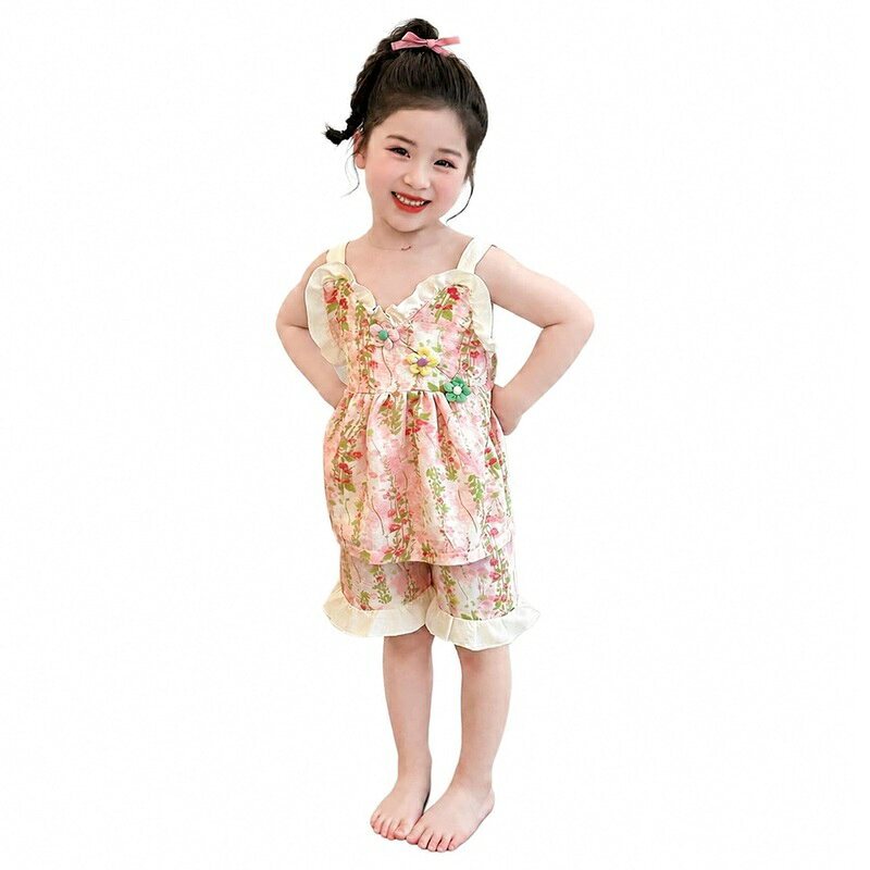 パジャマ 女の子 ルームウェア セットアップ キャミソール ショートパンツ 上下セット キッズ 子供服 夏 かわいい 花柄 フリル ノースリーブ 部屋着 ゆったりサイズ 小学生