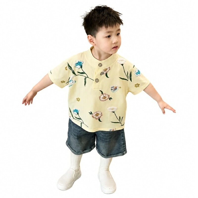 ポロシャツ 半袖 キッズ ゆったり 子供服 ヘンリーネック シャツ 男の子 女の子 ベビー トップス おしゃれ レトロ ボタニカル 花柄 スタンドカラー 夏服 カジュアル 通園 通学