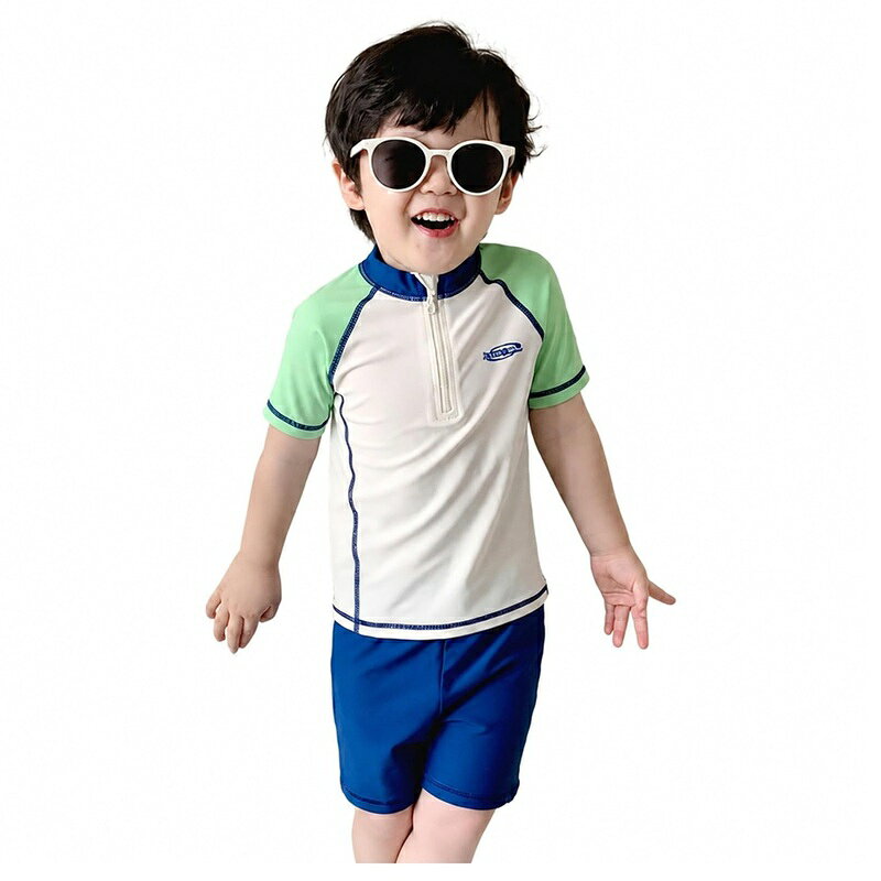 キッズ 水着 男の子 セパレート 半袖 ラッシュガード 上下セット ジュニア スイムウェア ハーフジップ 子供用 スイミング スクール プール 海水浴 水遊び 動きやすい 伸縮性 大きいサイズ