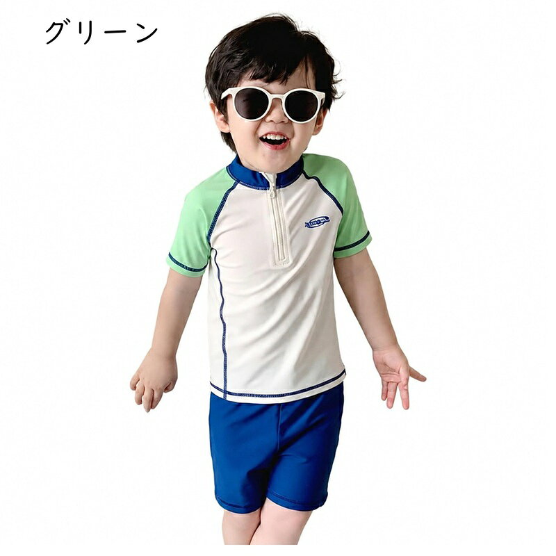 マルヤ物流サービスのキッズ 水着 男の子 セパレート 半袖 ラッシュガード 上下セット ジュニア スイムウェア ハーフジップ 子供用 スイミング スクール プール 海水浴 水遊び 動きやすい 伸縮性 大きいサイズ｜アングル3