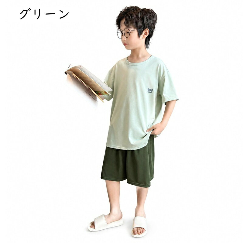 マルヤ物流サービスのキッズ パジャマ 男の子 半袖 ルームウェア 子供服 上下セット クルーネック 薄手 トップス ハーフパンツ セットアップ ジュニア 夏服 部屋着 男児 普段着 通気性 ゆったりサイズ｜アングル2