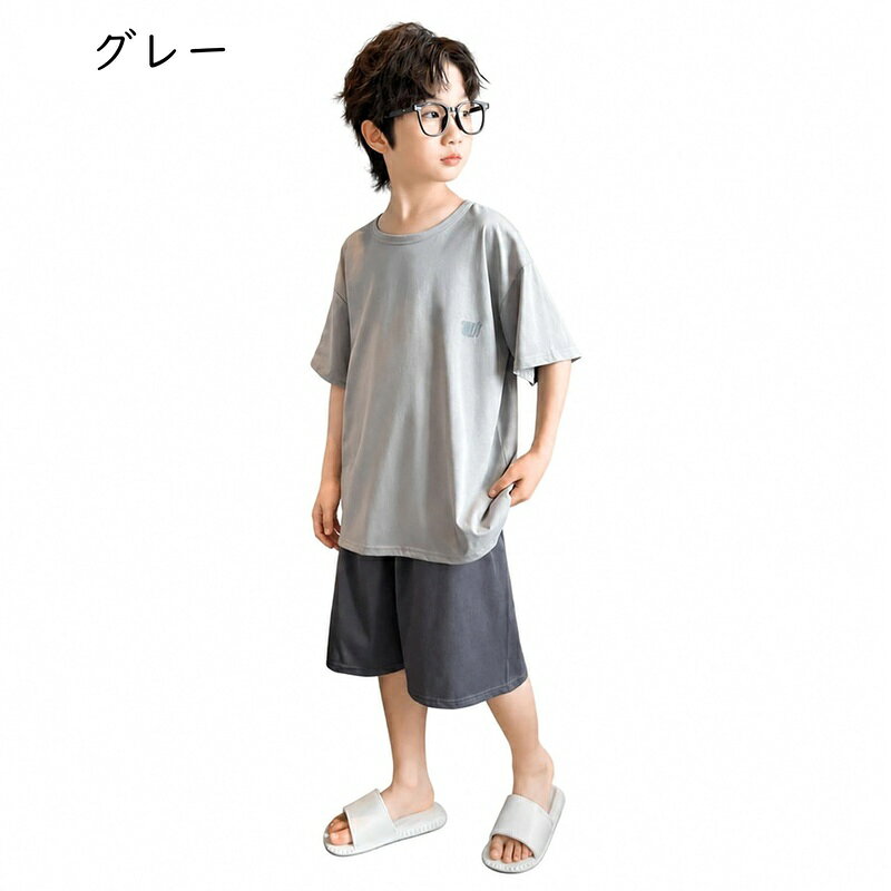 マルヤ物流サービスのキッズ パジャマ 男の子 半袖 ルームウェア 子供服 上下セット クルーネック 薄手 トップス ハーフパンツ セットアップ ジュニア 夏服 部屋着 男児 普段着 通気性 ゆったりサイズ｜アングル3