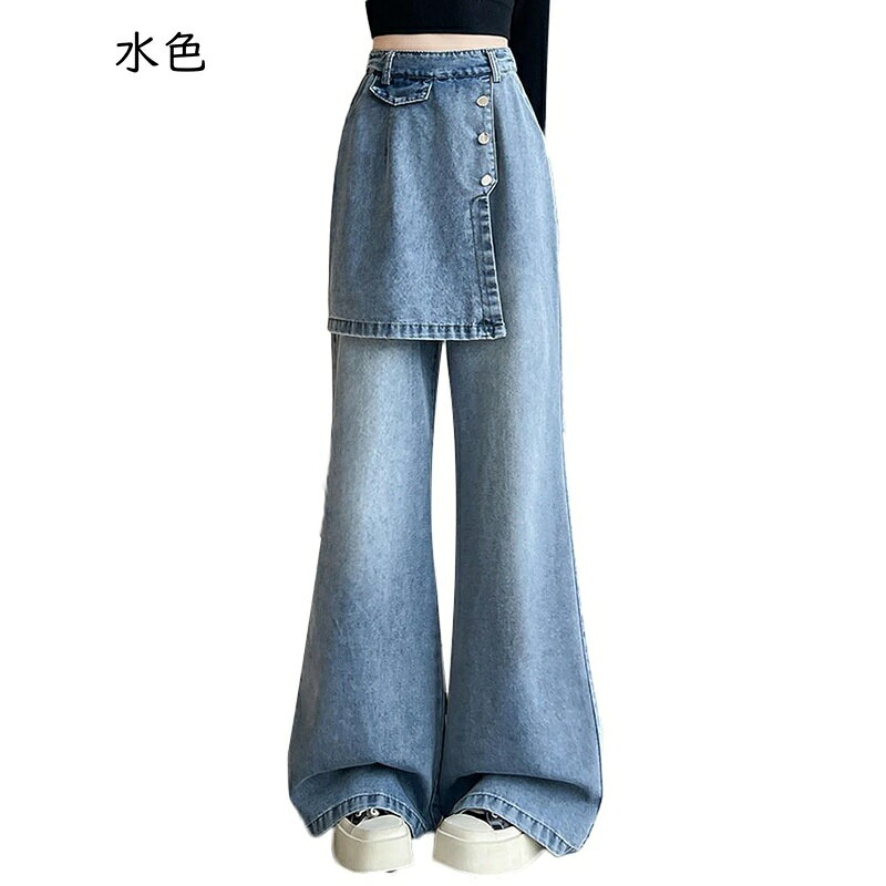 マルヤ物流サービスのワイドパンツ レディース デニム 重ね着風 スカート付き ハイウエスト 美脚 体型カバー ロングパンツ ジーパン ボトムス カジュアル 春 夏｜アングル2