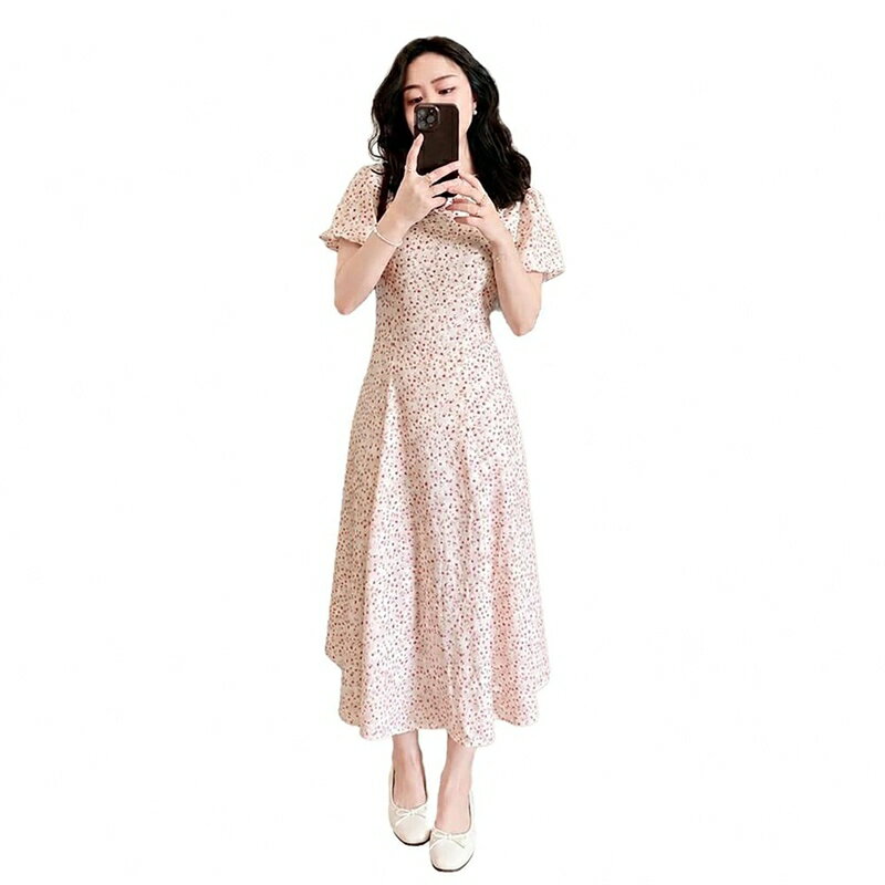 ロングワンピース レディース 半袖 マキシ丈 花柄 バックリボン ウエストマーク シフォン ボリュームスリーブ 体型カバー 着痩せ 森ガール レトロ フェミニン リゾート 旅行 夏