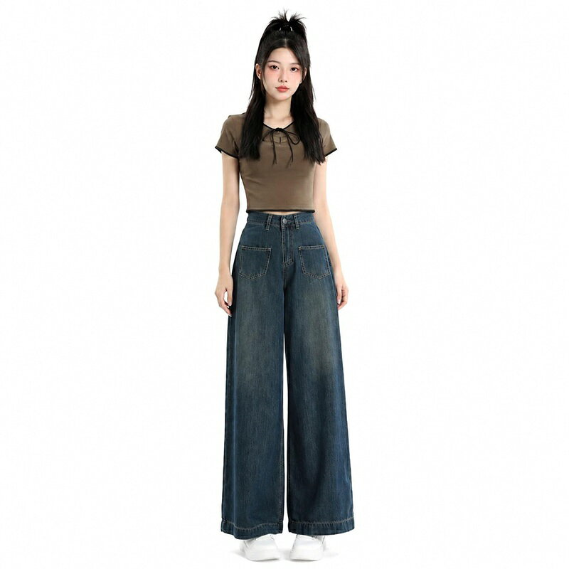 デニム ワイドパンツ レディース 体型カバー ハイウエスト ズ ジーパン ゆったり ストレート レトロ ヴィンテージ風 脚長 カジュアル 通学 デイリー 大きいサイズ