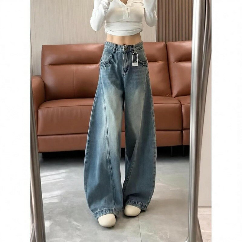 マルヤ物流サービスのデニムパンツ レディース 体型カバー ワイドパンツ ズ ジーパン ゆったり ロング丈 ハイウエスト ボトムス 春夏秋 レトロ カジュアル 脚長見え ぽっちゃり｜アングル3