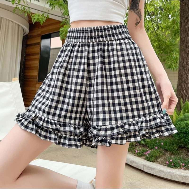 マルヤ物流サービスのショートパンツ レディース ギンガムチェック 裾フリル キュロット ウエストゴム さらさら 薄手 春夏 ボトムス Aライン 体型カバー ゆったり 大人可愛い 部屋着 お出かけ 旅行｜アングル3