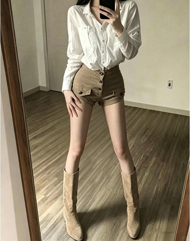 マルヤ物流サービスのショートパンツ レディース ハイウエスト ホットパンツ フロントボタン 美脚 脚長 タイト スリム ミニ丈 チノツイル フラップポケット付き カジュアル アウトドア 春 夏｜アングル3