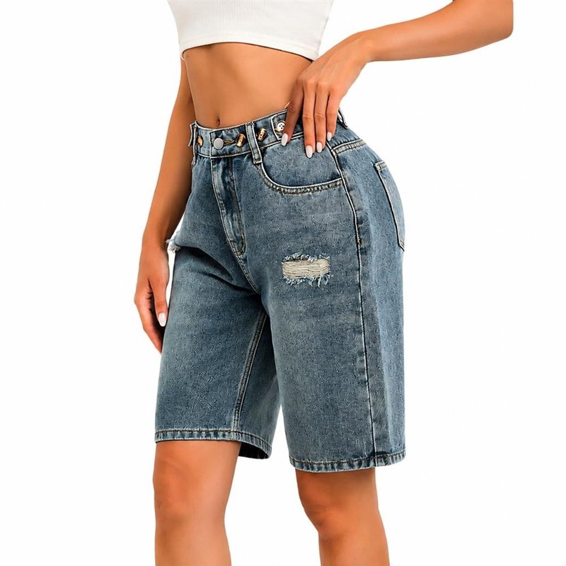 デニムハーフパンツ レディース ハーフパンツ 五分丈 ハイウエスト ウエスト調整 ダメージ ショートパンツ ワイド ゆったり カジュアル 体型カバー 着痩せ ボ 春 夏