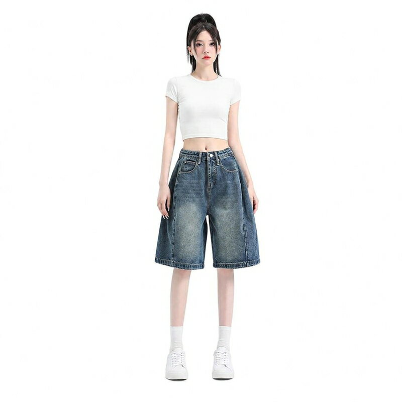 デニムハーフパンツ レディース 5分丈 ハイウエスト ワイドパンツ ショートパンツ ジーンズ ゆったり 体型カバー レトロ 着痩せ 夏