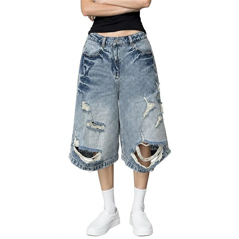 デニムショートパンツ レディース ハーフパンツ ダメージジーンズ クラッシュ ゆったり ハイウエスト 五分丈 着痩せ ヴィンテージ風 体型カバー ストリート系 春夏