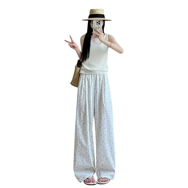 マルヤ物流サービスのワイドパンツ レディース 小花柄 イージーパンツ ハイウエスト ウエストゴム ゆったり ボトムス 体型カバー 落ち感 さらさら ルームウェア 春 夏 大人可愛い｜アングル3