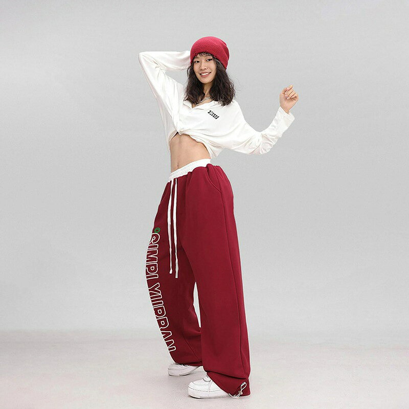 マルヤ物流サービスのスウェットパンツ レディース ワイドパンツ ダンス ヒップホップ ストリート系 重ね着風ウエスト 英字プリント ジョガーパンツ ロングパンツ ルーズ ゆったり 裾絞り カジュアル 練習着 ボトムス｜アングル3