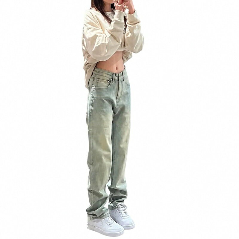 デニムパンツ レディース ジーンズ ストレート ハイウエスト 美脚 脚長 ユーズド加工 ヴィンテージ風 ストリート系 ジーパン ゆったり ボトムス ロングパンツ レトロ 体型カバー カジュアル 普段着