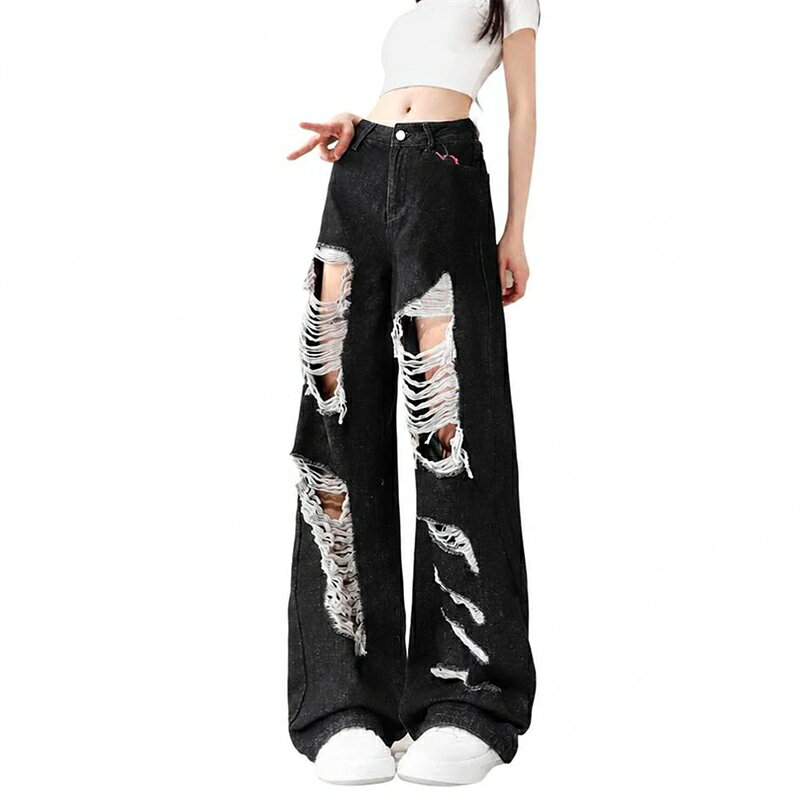 ダメージジーンズ レディース ワイドパンツ デニム クラッシュ ハイウエスト ストリート系 ヒップホップ ルーズ ジーパン 脚長
