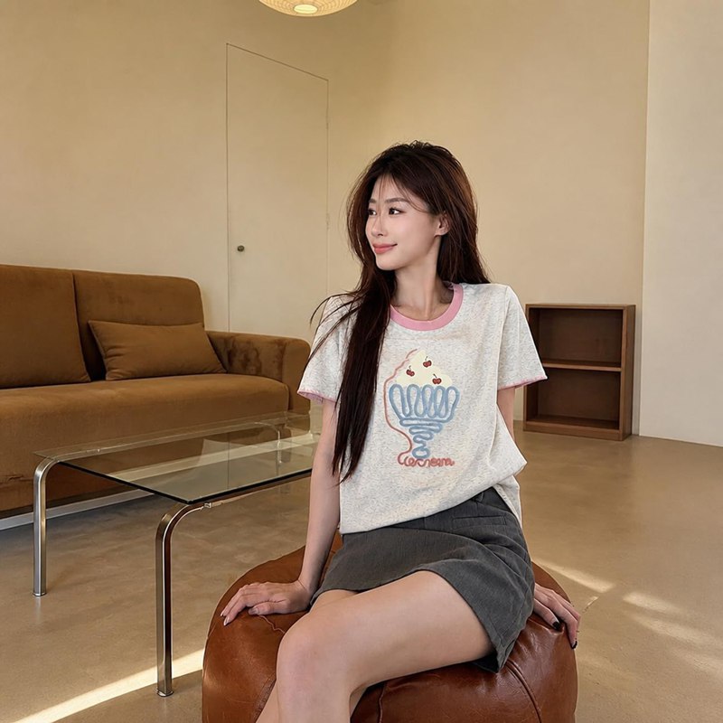 レディース リンガーTシャツ 半袖 トップス 夏服 韓国風 アイスプリント 丸首 配色 カットソー カジュアル ゆったり 体型カバー 柔らかい 薄灰色 maruyals234-10153896 マルヤ物流サービス サンプル画像2