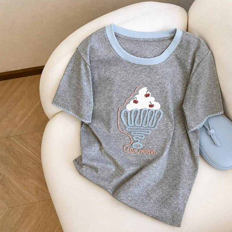 レディース リンガーTシャツ 半袖 トップス 夏服 韓国風 アイスプリント 丸首 配色 カットソー カジュアル ゆったり 体型カバー 柔らかい 薄灰色 maruyals234-10153896 マルヤ物流サービス サンプル画像3