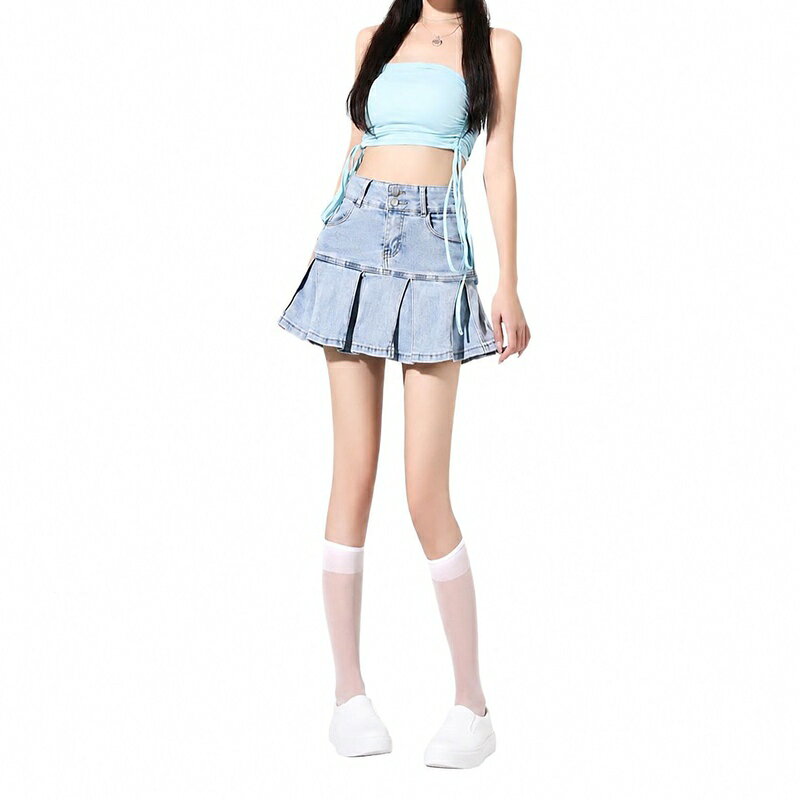 デニムミニスカート インナーパンツ付き レディース ハイウエスト プリーツ キュロット ダブルボタン 台形 ミニ 美脚 着痩せ 通学 デート